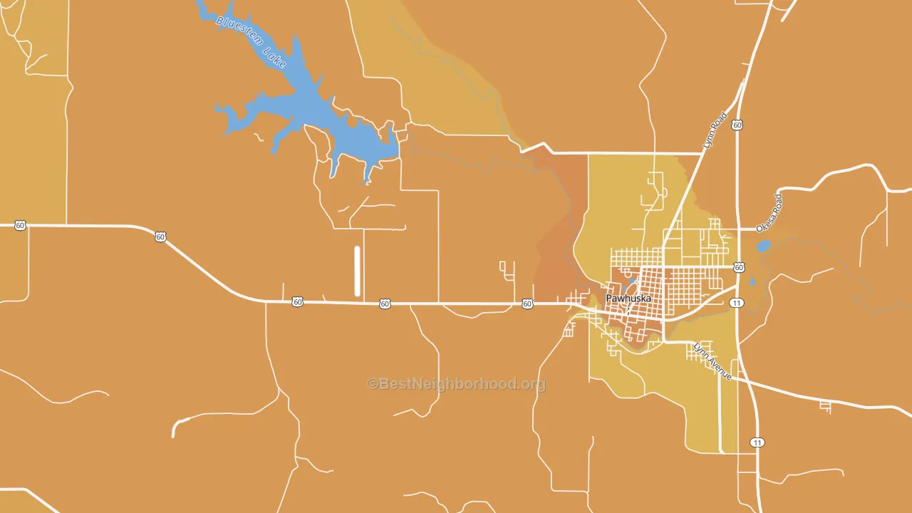 Map of the best neighborhoods in the Bowring area, with better matches in green and worse matches in red