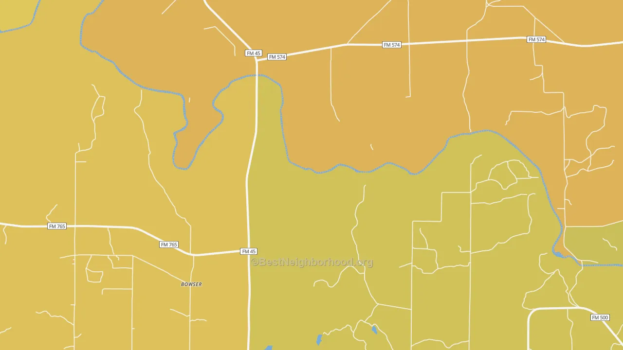 Map of the best neighborhoods in the Bowser area, with better matches in green and worse matches in red