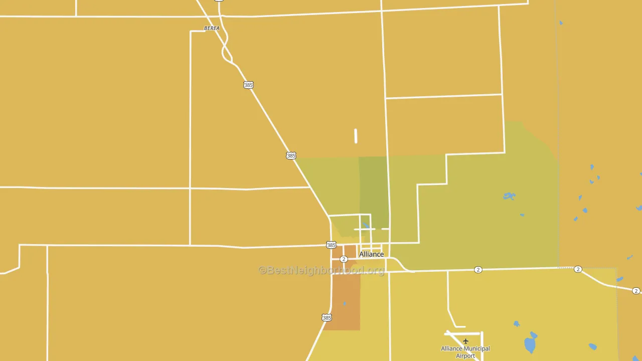 Map of the best neighborhoods in the Box Butte County area, with better matches in green and worse matches in red