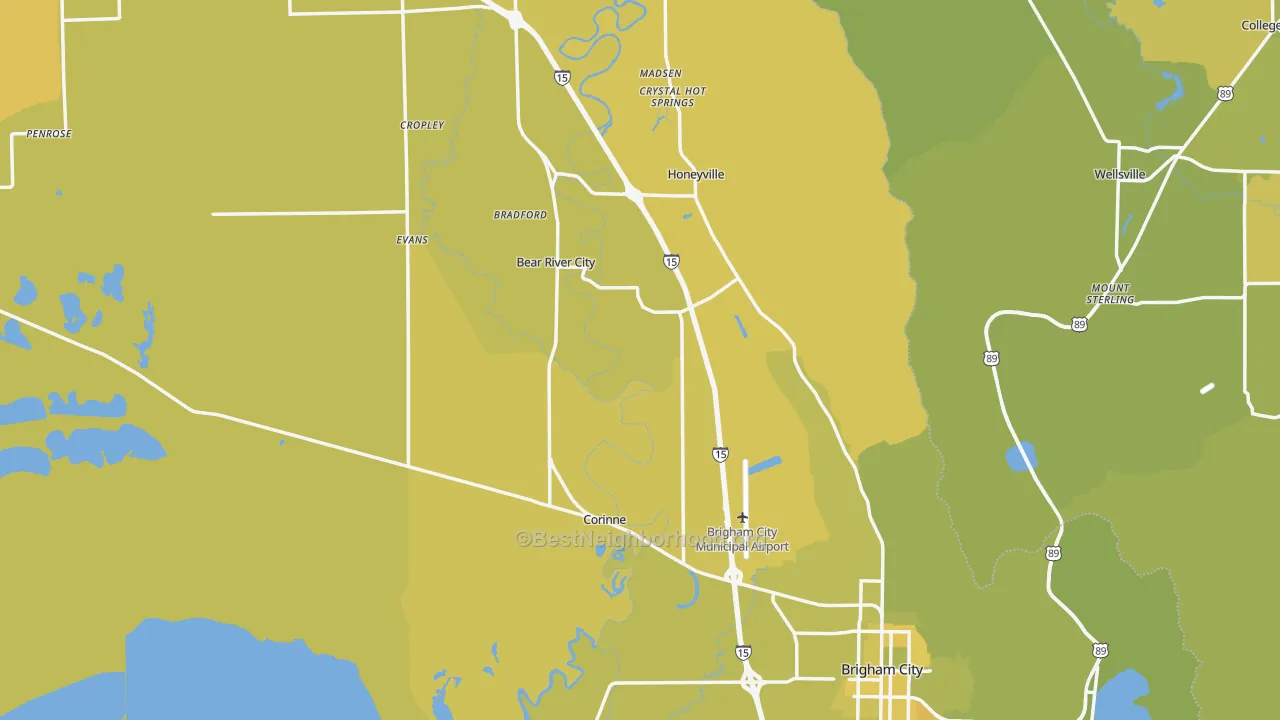 Map of the best neighborhoods in the Box Elder County area, with better matches in green and worse matches in red