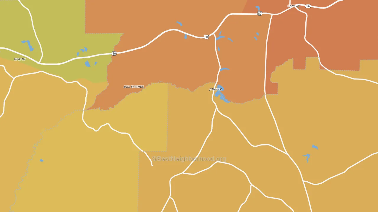 Map of the best neighborhoods in the Box Springs area, with better matches in green and worse matches in red