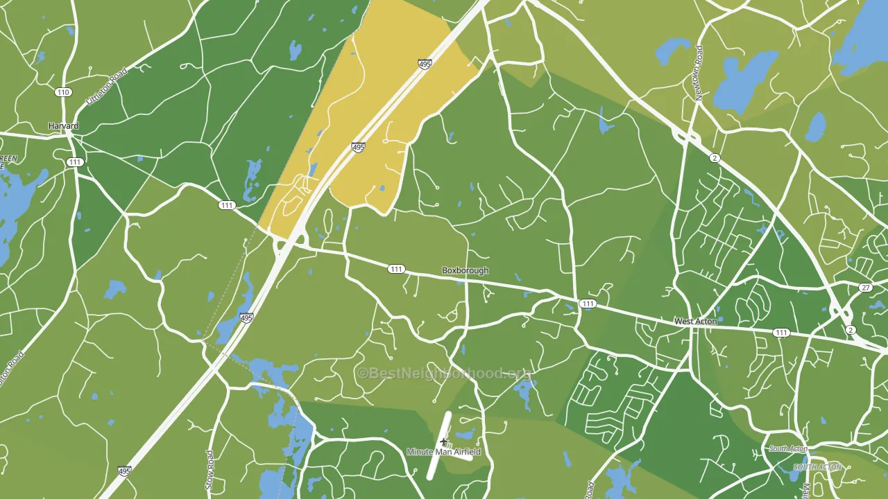 Map of the best neighborhoods in the Boxborough area, with better matches in green and worse matches in red