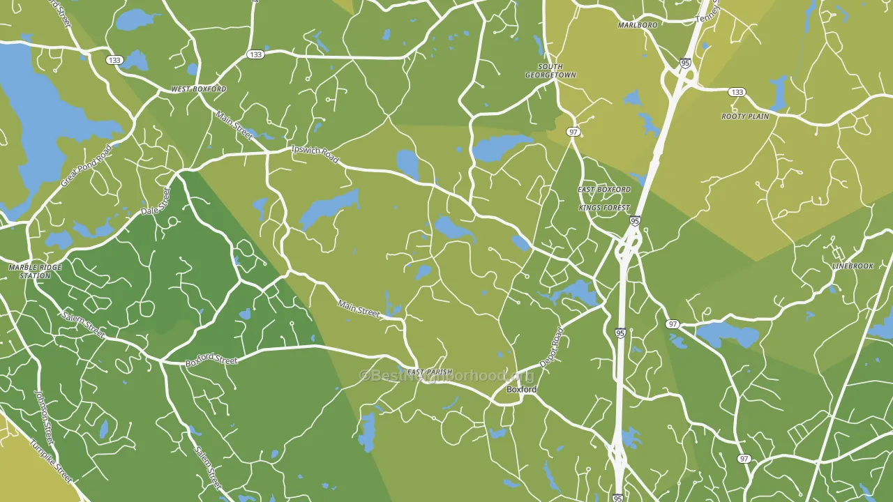 Map of the best neighborhoods in the Boxford area, with better matches in green and worse matches in red