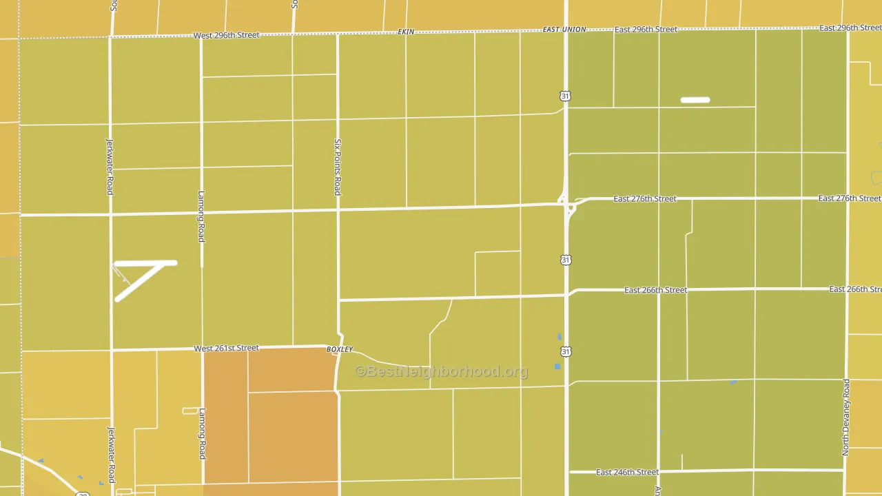 Map of the best neighborhoods in the Boxley area, with better matches in green and worse matches in red