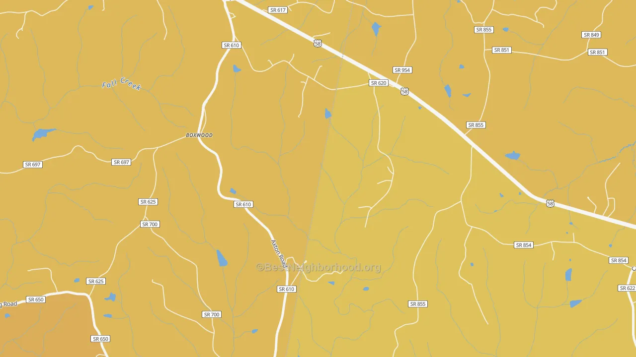 Map of the best neighborhoods in the Boxwood area, with better matches in green and worse matches in red