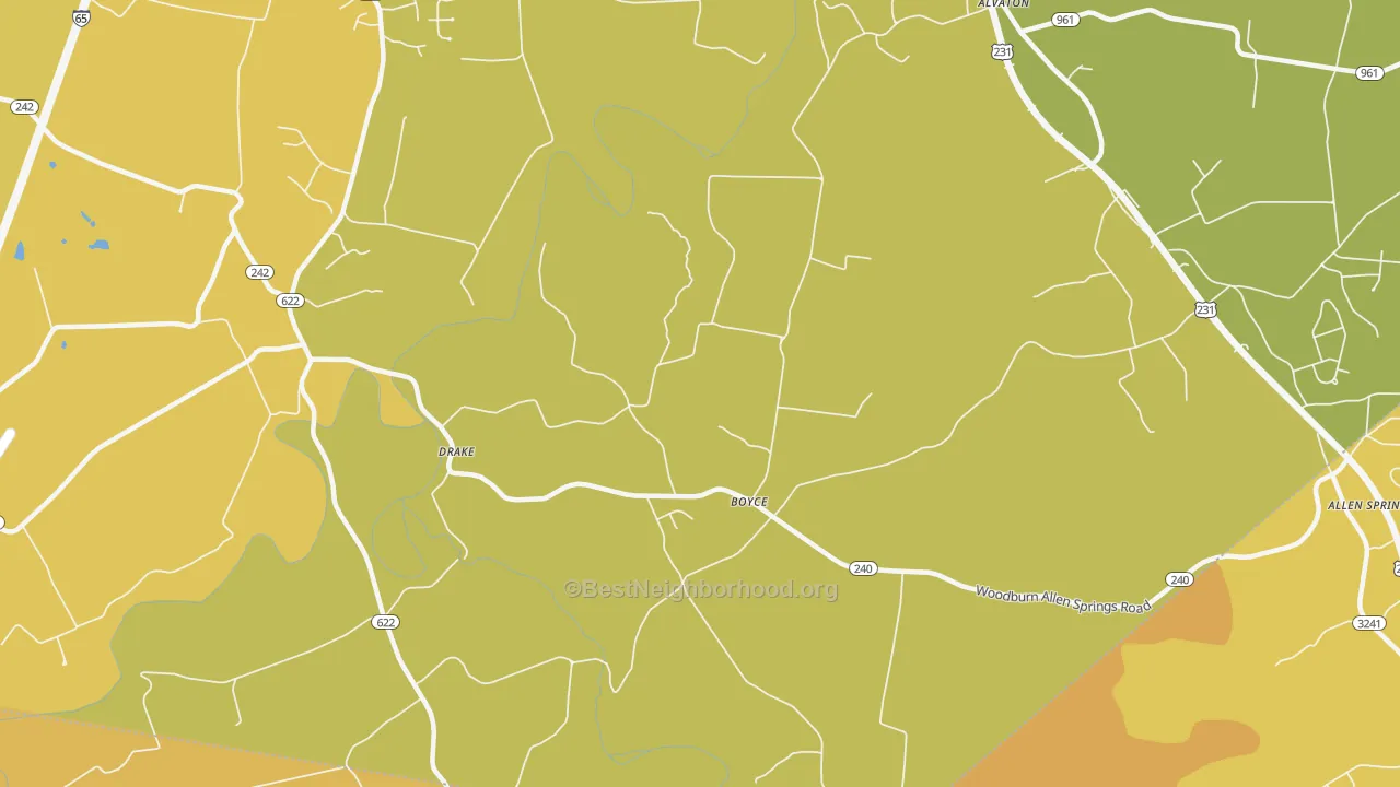 Map of the best neighborhoods in the Boyce area, with better matches in green and worse matches in red