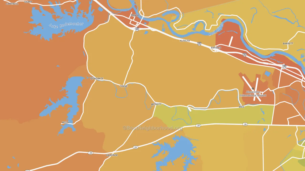 Map of the best neighborhoods in the Boyce area, with better matches in green and worse matches in red