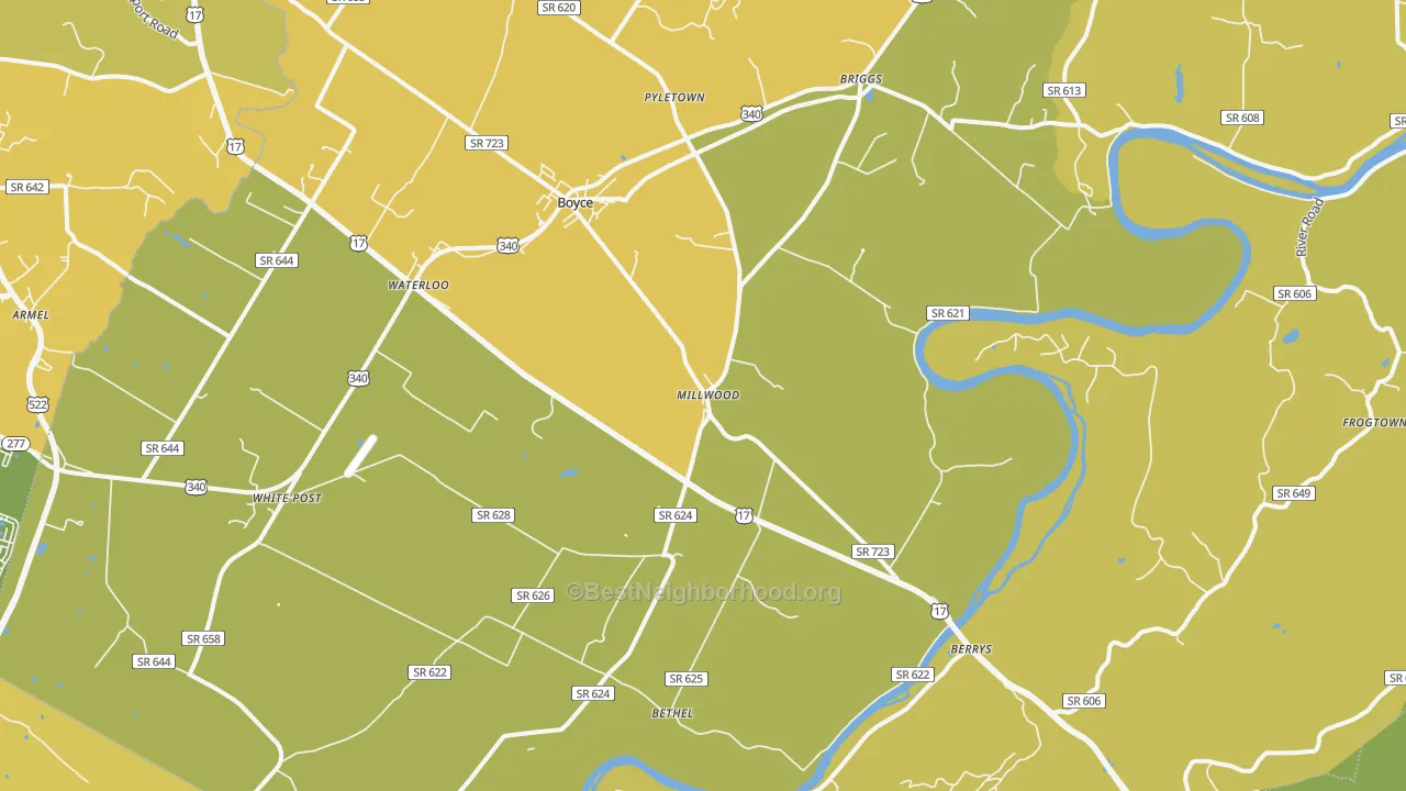 Map of the best neighborhoods in the Boyce area, with better matches in green and worse matches in red