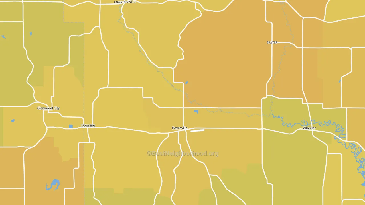 Map of the best neighborhoods in the Boyceville area, with better matches in green and worse matches in red
