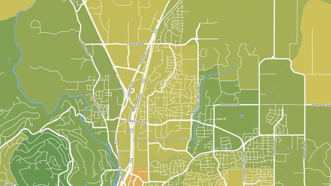 Map of the best neighborhoods in the Boyd Acres, Bend area, with better matches in green and worse matches in red
