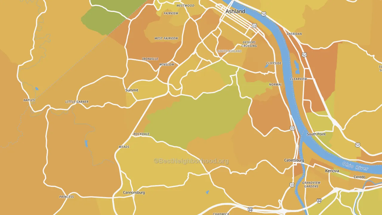 Map of the best neighborhoods in the Boyd County area, with better matches in green and worse matches in red
