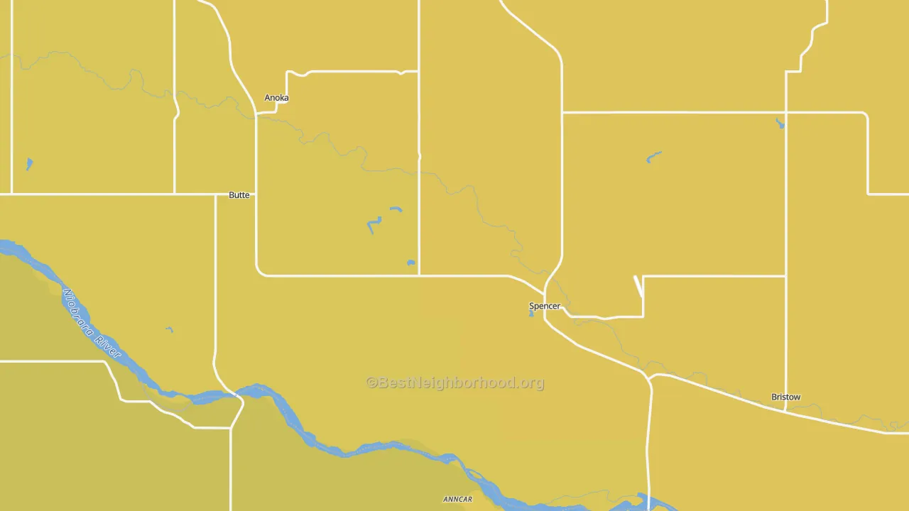 Map of the best neighborhoods in the Boyd County area, with better matches in green and worse matches in red