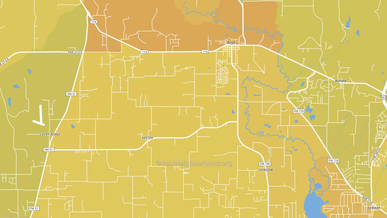 Map of the best neighborhoods in the Boyd area, with better matches in green and worse matches in red