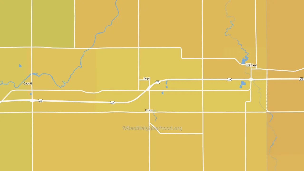 Map of the best neighborhoods in the Boyd area, with better matches in green and worse matches in red