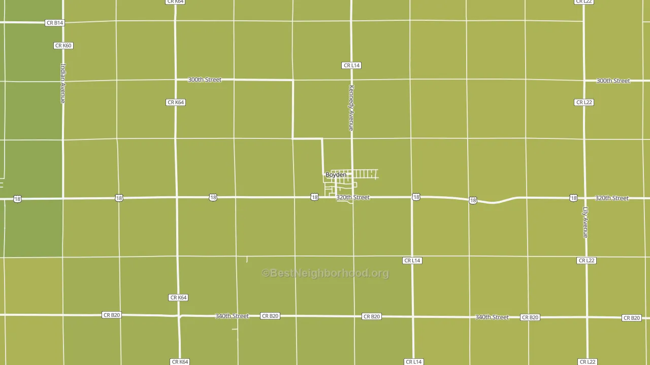 Map of the best neighborhoods in the Boyden area, with better matches in green and worse matches in red