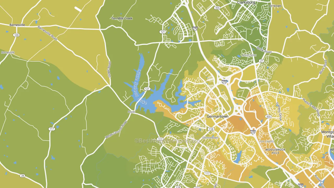 Map of the best neighborhoods in the Boyds area, with better matches in green and worse matches in red