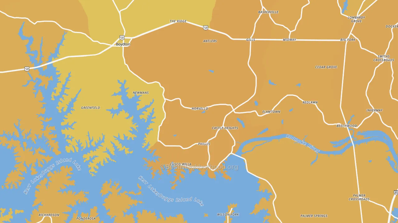 Map of the best neighborhoods in the Boydton area, with better matches in green and worse matches in red