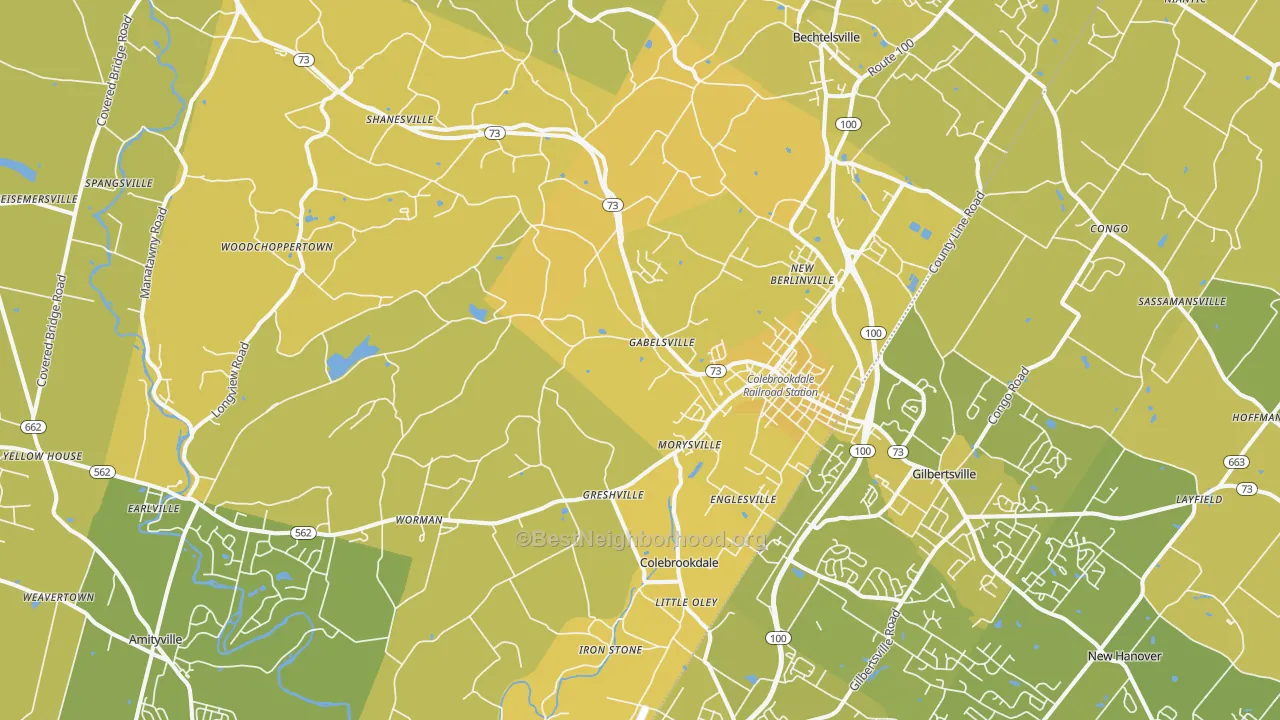 Map of the best neighborhoods in the Boyertown area, with better matches in green and worse matches in red