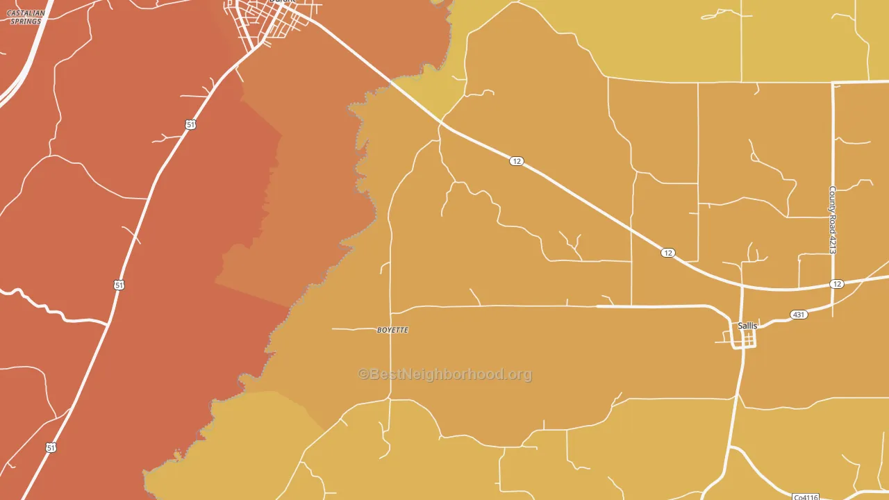 Map of the best neighborhoods in the Boyette area, with better matches in green and worse matches in red
