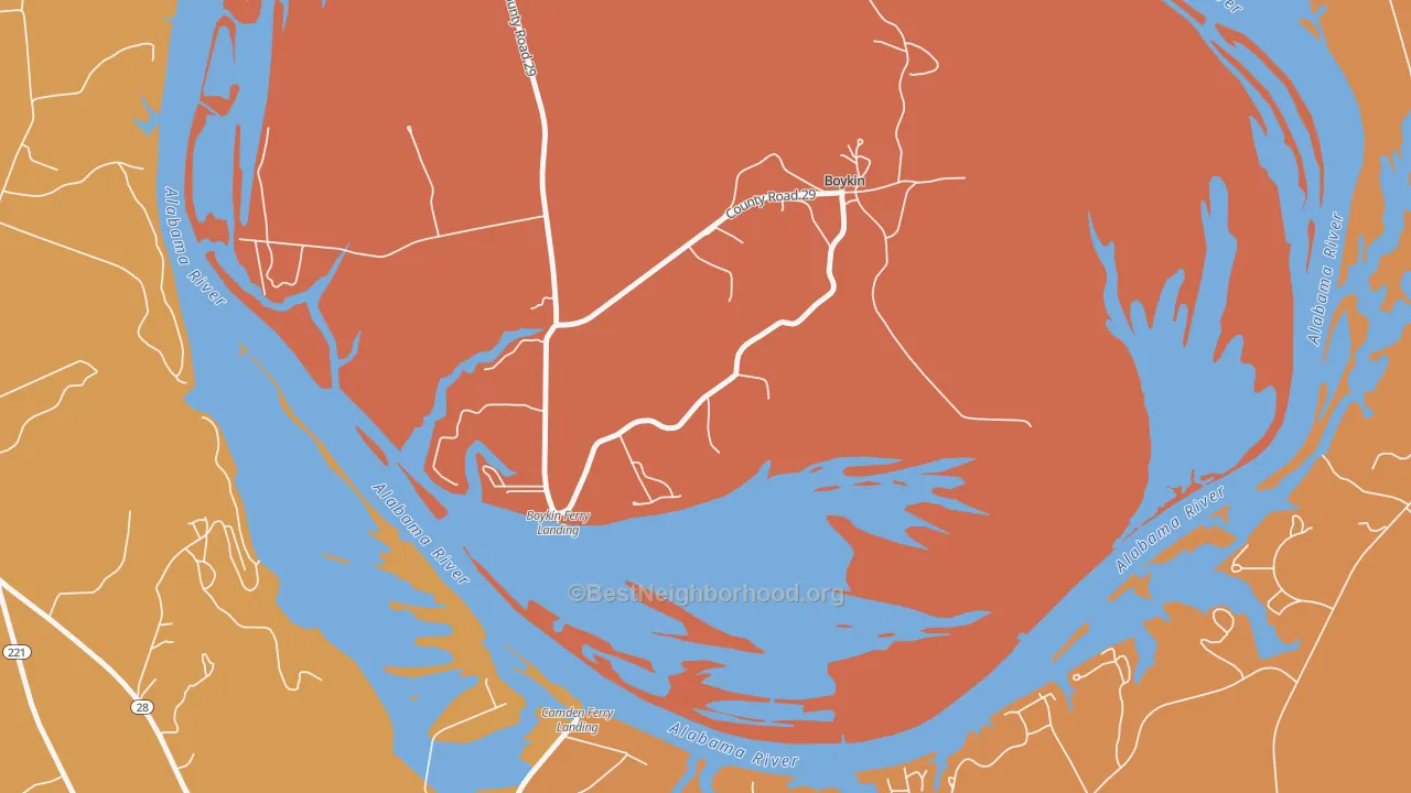 Map of the best neighborhoods in the Boykin area, with better matches in green and worse matches in red