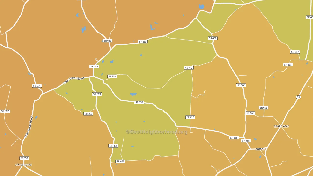 Map of the best neighborhoods in the Boykins and Branchville area, with better matches in green and worse matches in red
