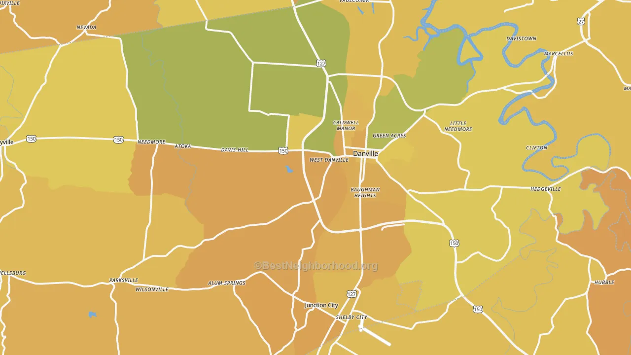 Map of the best neighborhoods in the Boyle County area, with better matches in green and worse matches in red