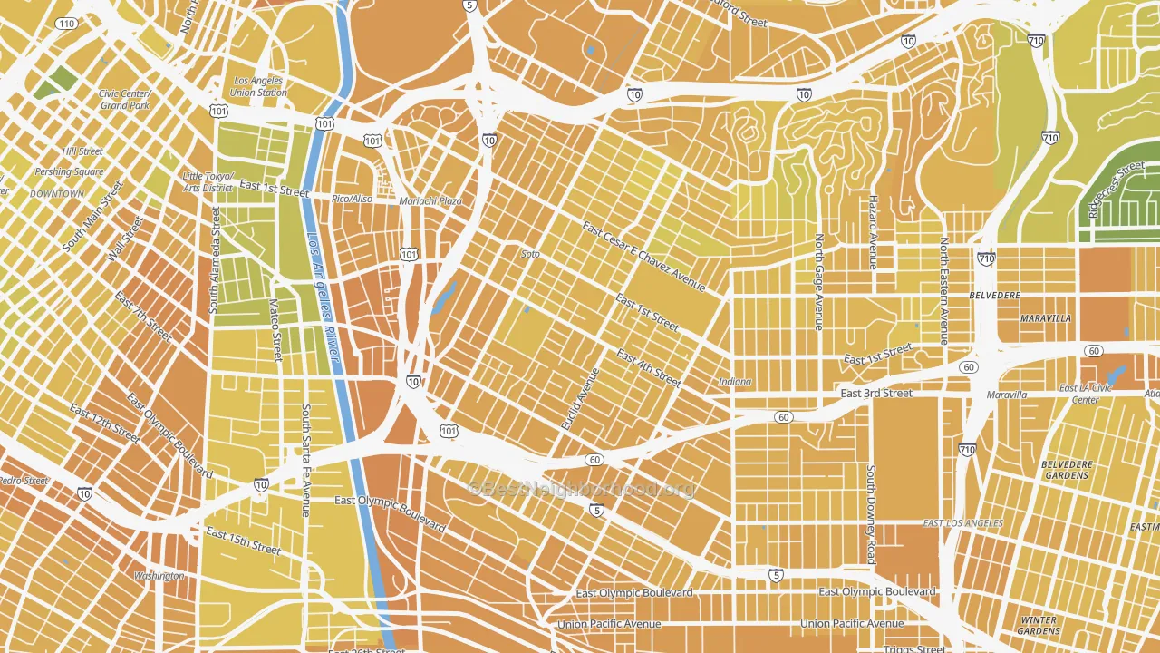 Map of the best neighborhoods in the Boyle Heights, Los Angeles area, with better matches in green and worse matches in red