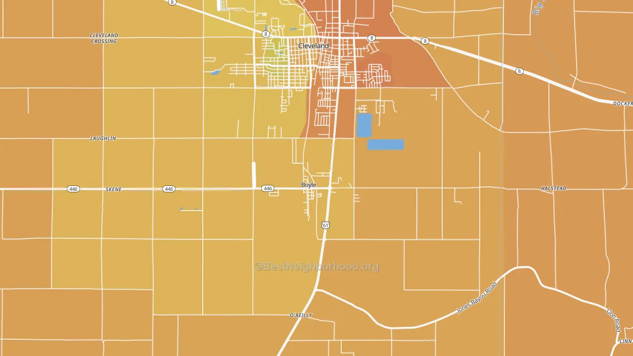 Map of the best neighborhoods in the Boyle area, with better matches in green and worse matches in red