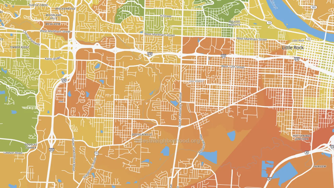 Map of the best neighborhoods in the Boyle Park, Little Rock area, with better matches in green and worse matches in red