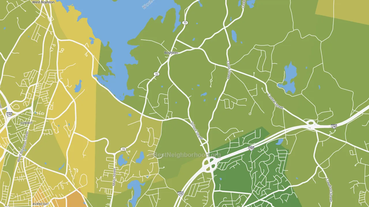 Map of the best neighborhoods in the Boylston area, with better matches in green and worse matches in red