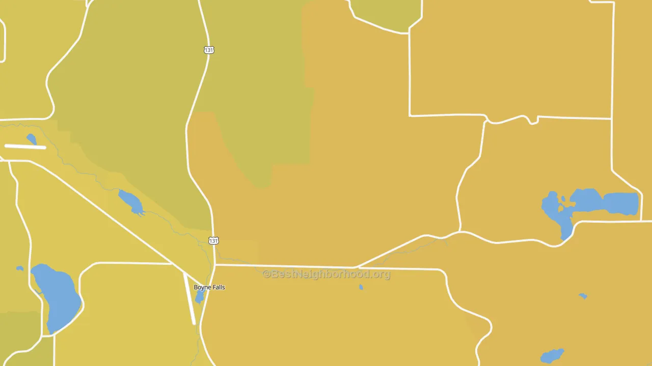 Map of the best neighborhoods in the Boyne Falls area, with better matches in green and worse matches in red