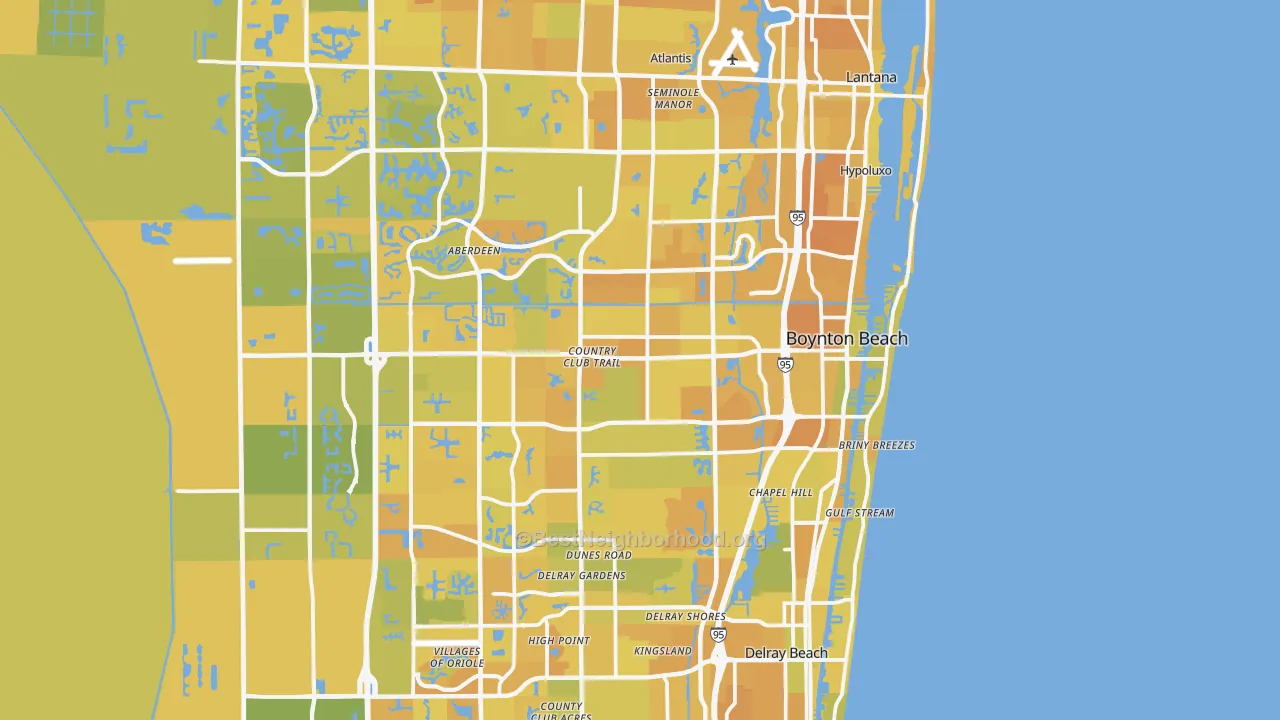 Map of the best neighborhoods in the Boynton Beach area, with better matches in green and worse matches in red