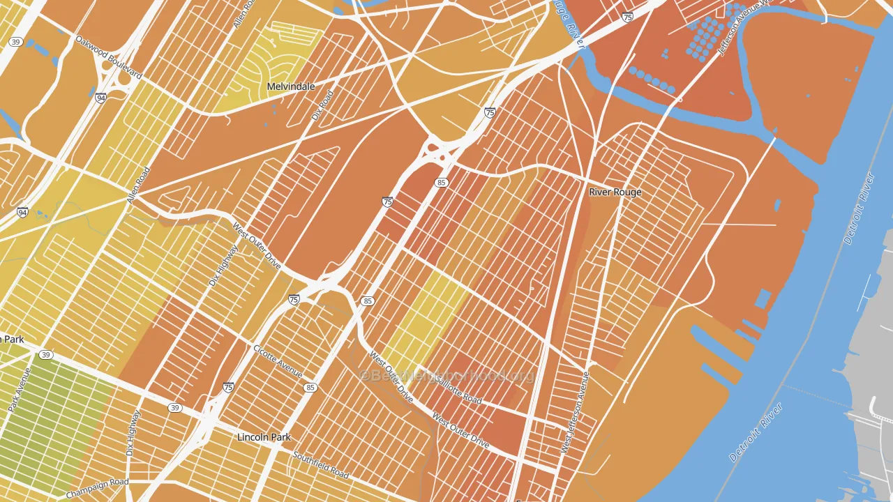 Map of the best neighborhoods in the Boynton, Detroit area, with better matches in green and worse matches in red