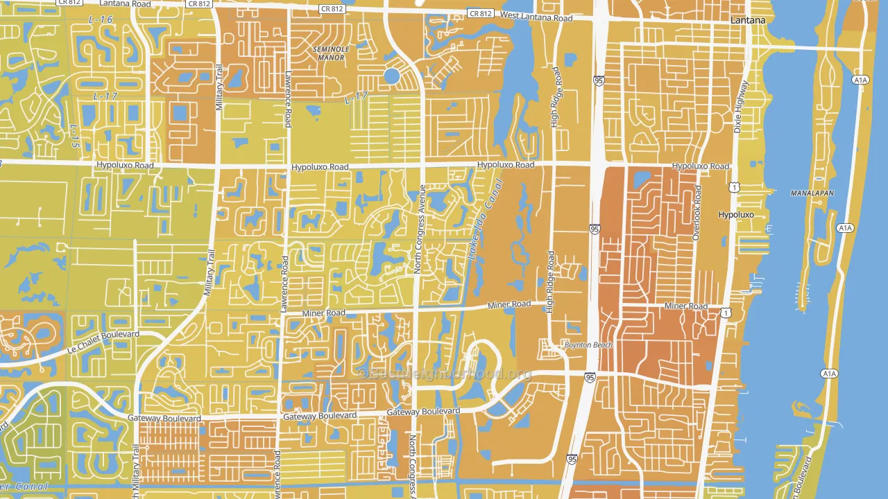 Map of the best neighborhoods in the Boynton Lakes Plaza, Boynton Beach area, with better matches in green and worse matches in red