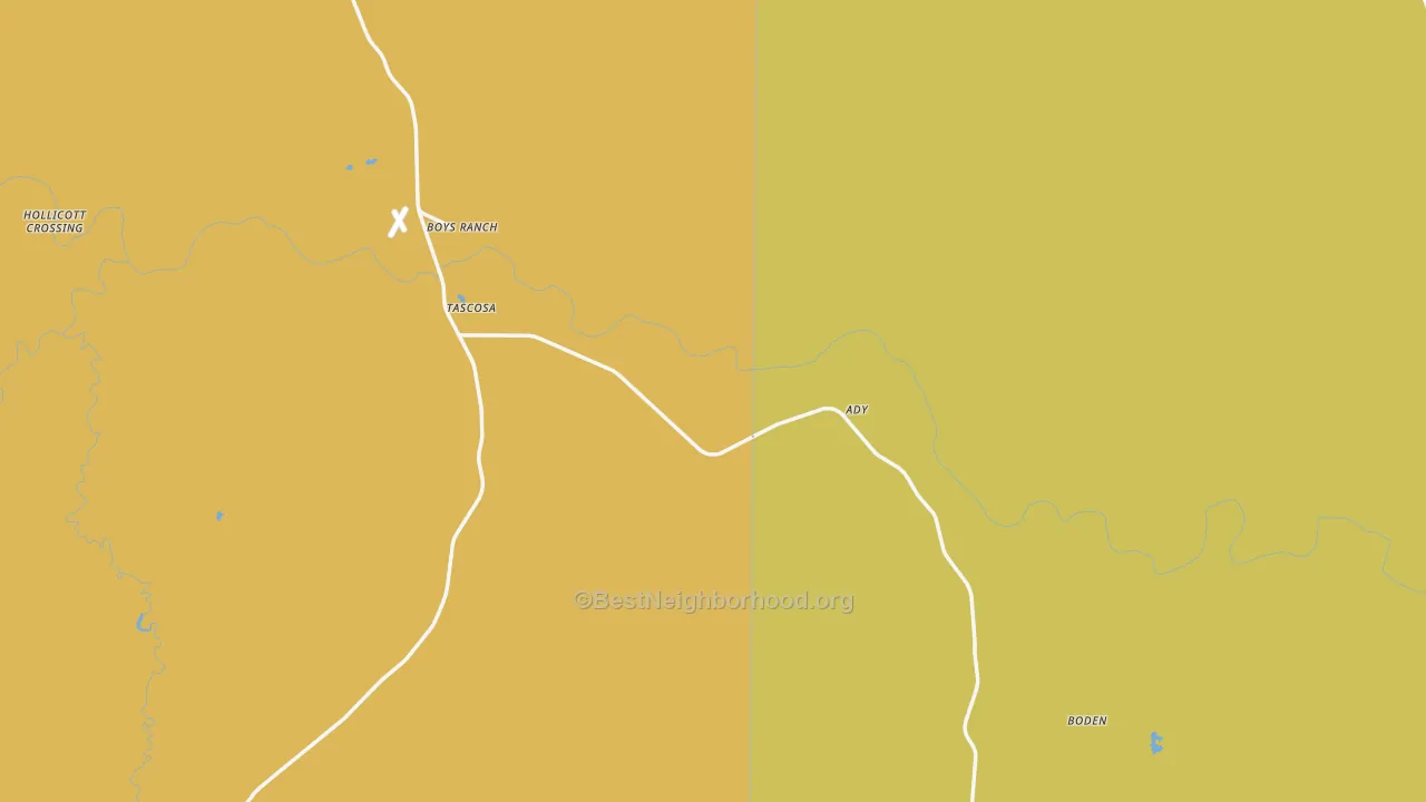 Map of the best neighborhoods in the Boys Ranch area, with better matches in green and worse matches in red