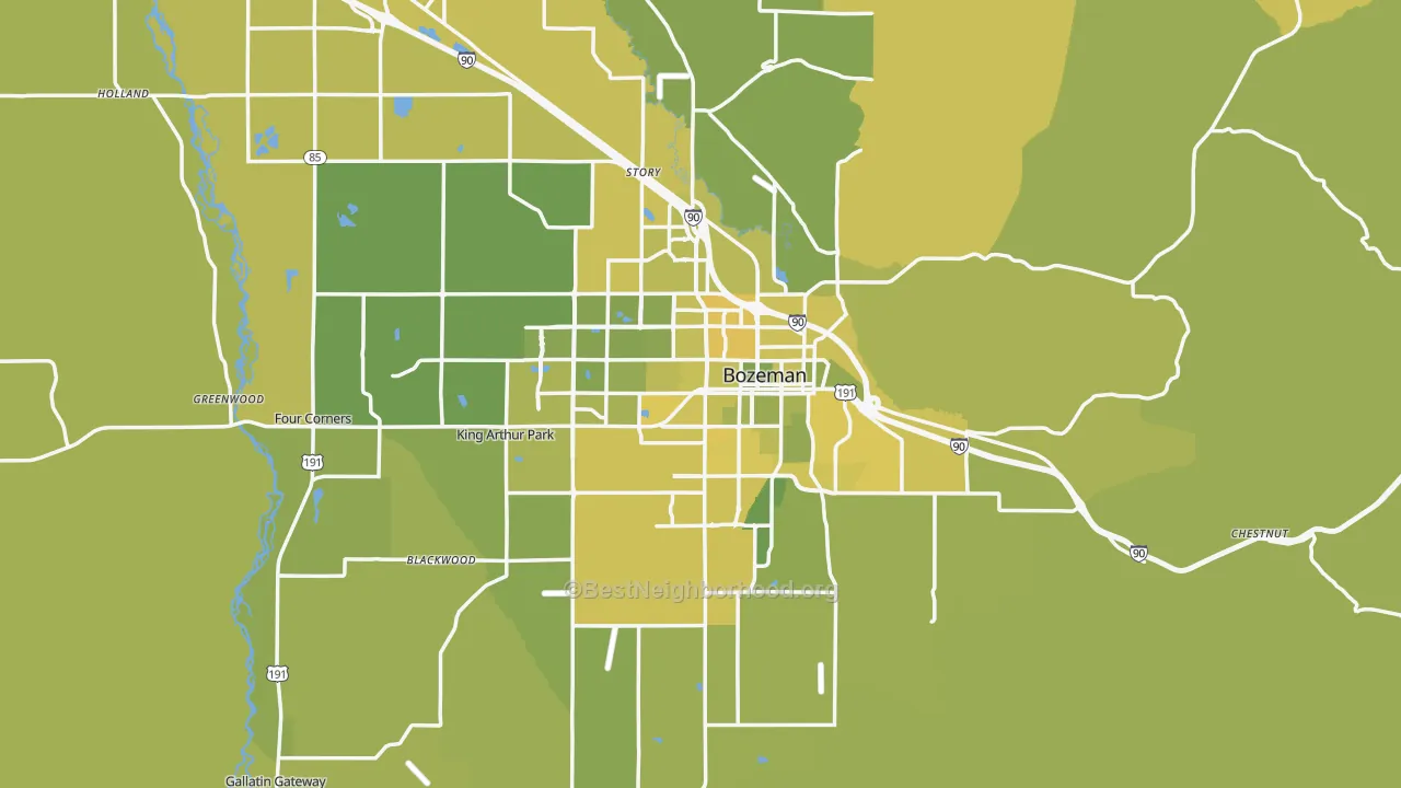Map of the best neighborhoods in the Bozeman Metro area, with better matches in green and worse matches in red