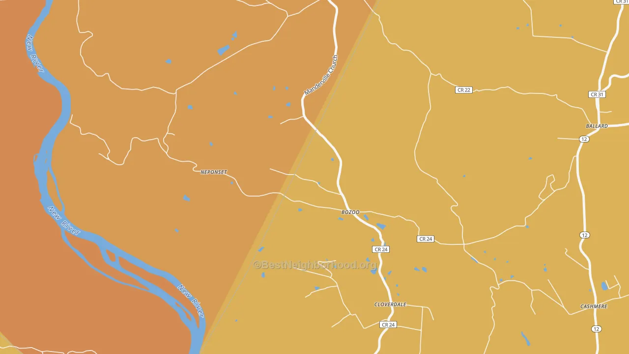 Map of the best neighborhoods in the Bozoo area, with better matches in green and worse matches in red