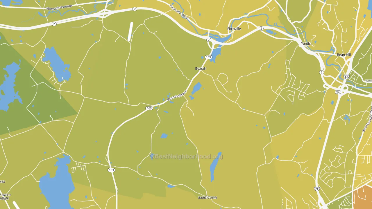 Map of the best neighborhoods in the Bozrah area, with better matches in green and worse matches in red
