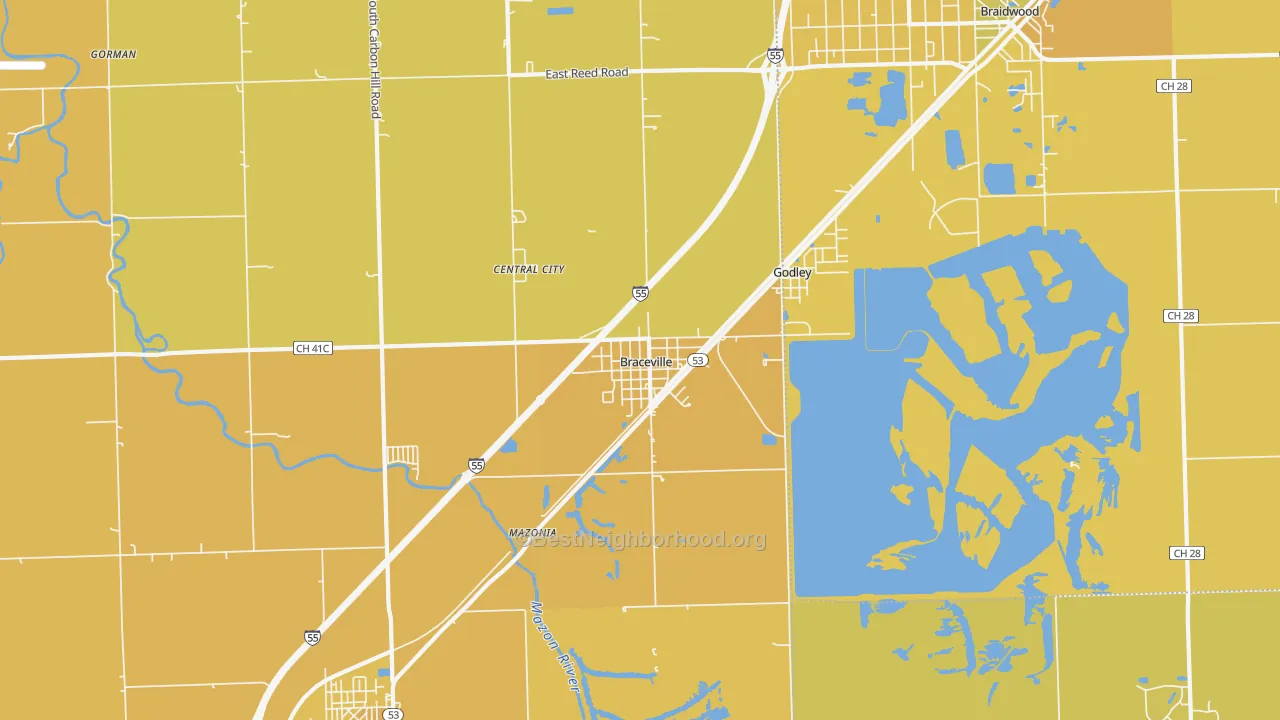Map of the best neighborhoods in the Braceville area, with better matches in green and worse matches in red