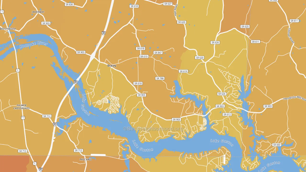 Map of the best neighborhoods in the Bracey area, with better matches in green and worse matches in red