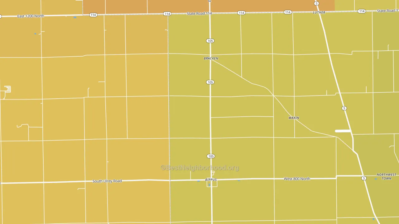 Map of the best neighborhoods in the Bracken area, with better matches in green and worse matches in red