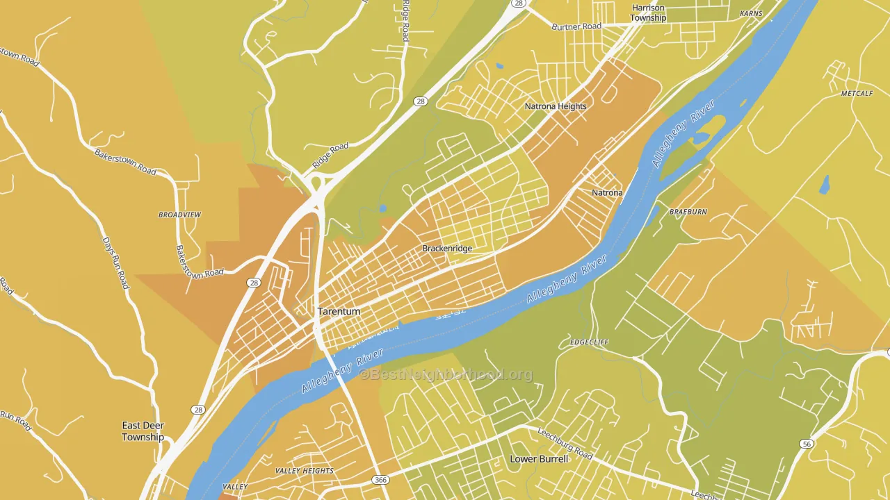 Map of the best neighborhoods in the Brackenridge area, with better matches in green and worse matches in red