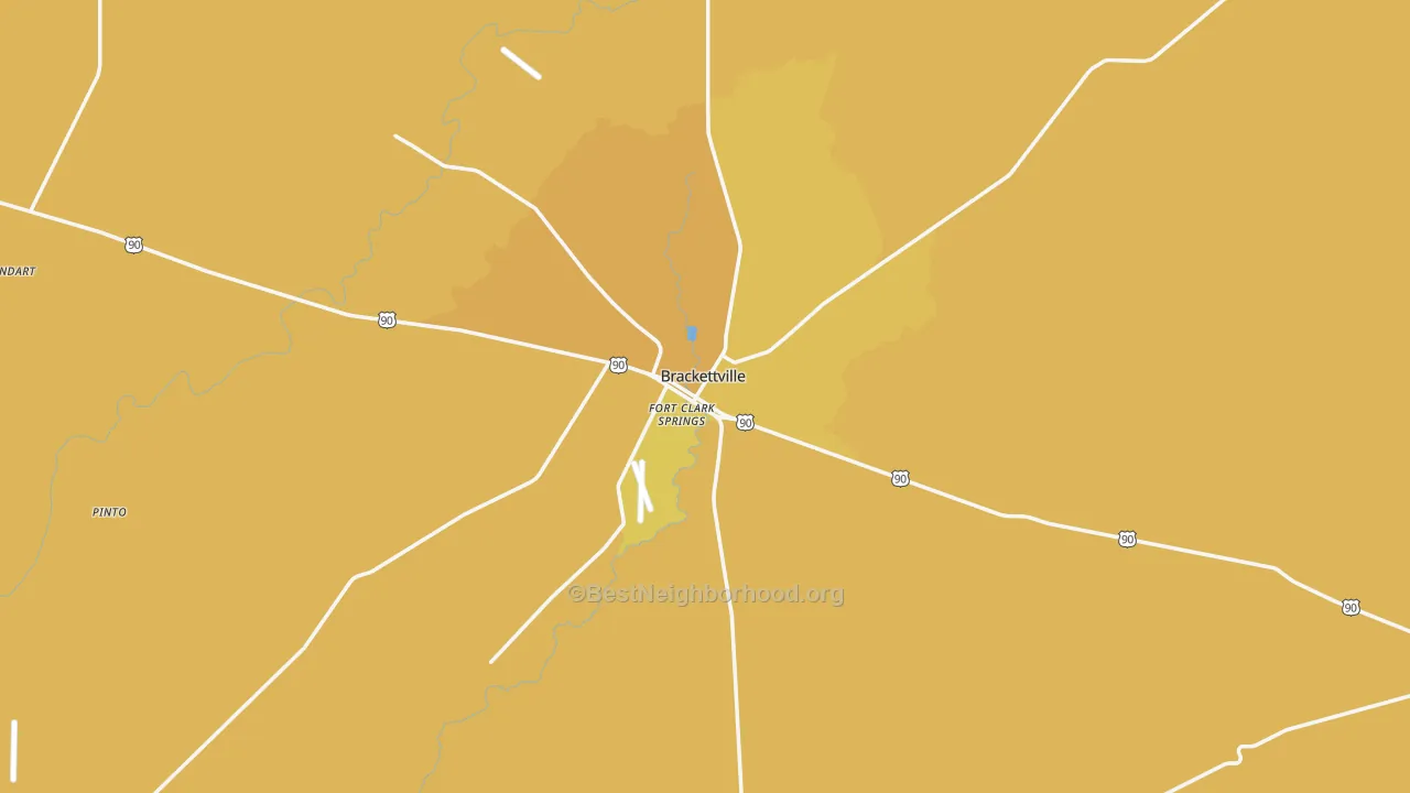Map of the best neighborhoods in the Brackettville area, with better matches in green and worse matches in red