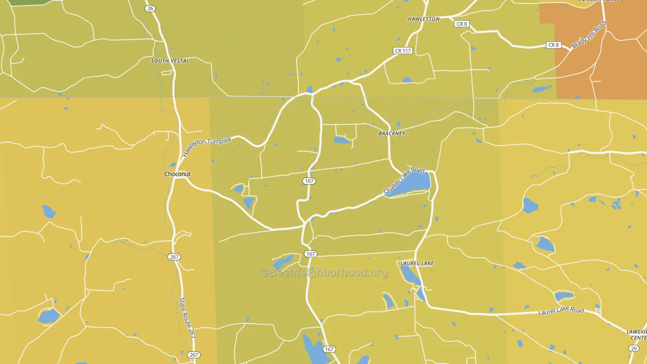 Map of the best neighborhoods in the Brackney area, with better matches in green and worse matches in red