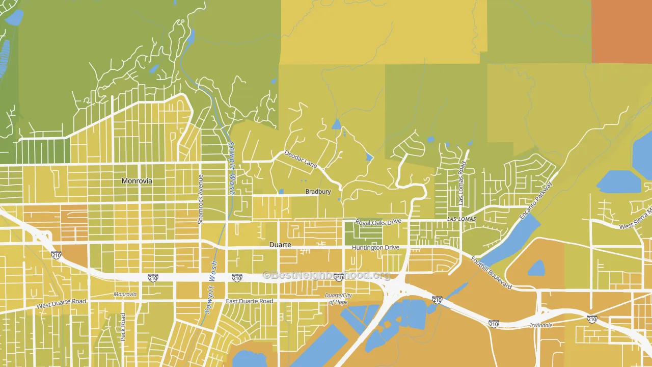 Map of the best neighborhoods in the Bradbury area, with better matches in green and worse matches in red