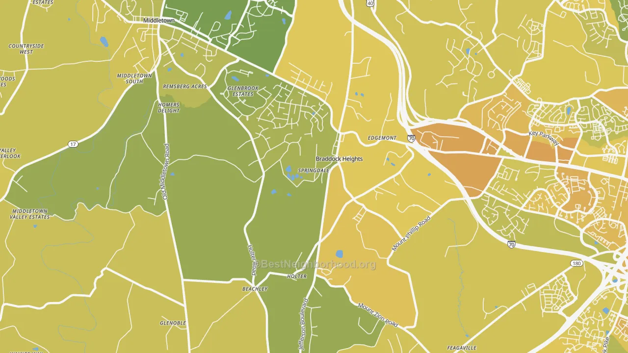 Map of the best neighborhoods in the Braddock Heights area, with better matches in green and worse matches in red
