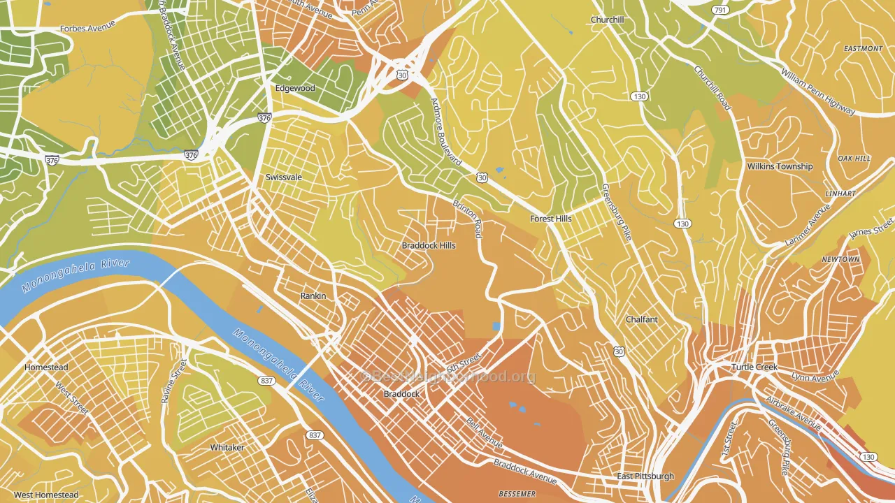 Map of the best neighborhoods in the Braddock Hills area, with better matches in green and worse matches in red