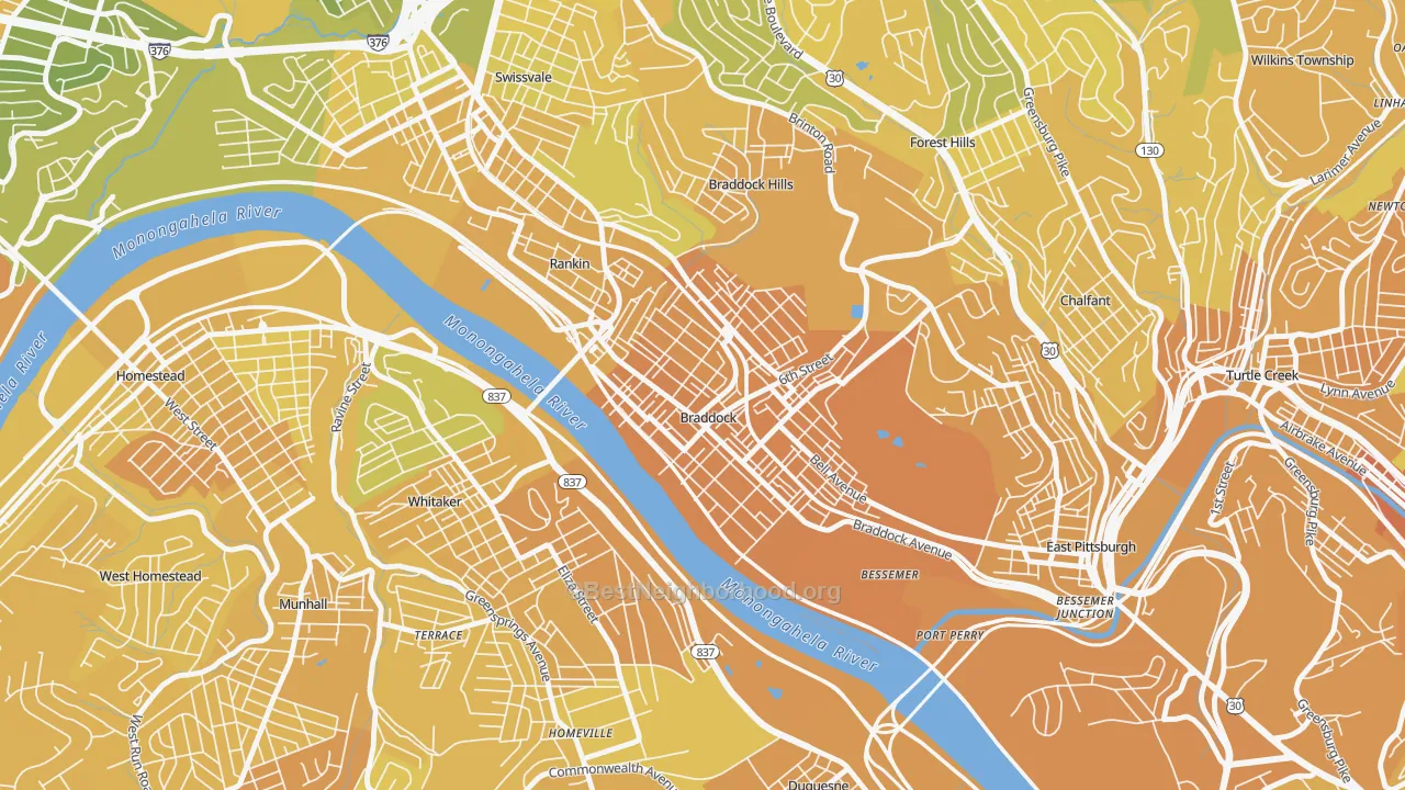 Map of the best neighborhoods in the Braddock area, with better matches in green and worse matches in red