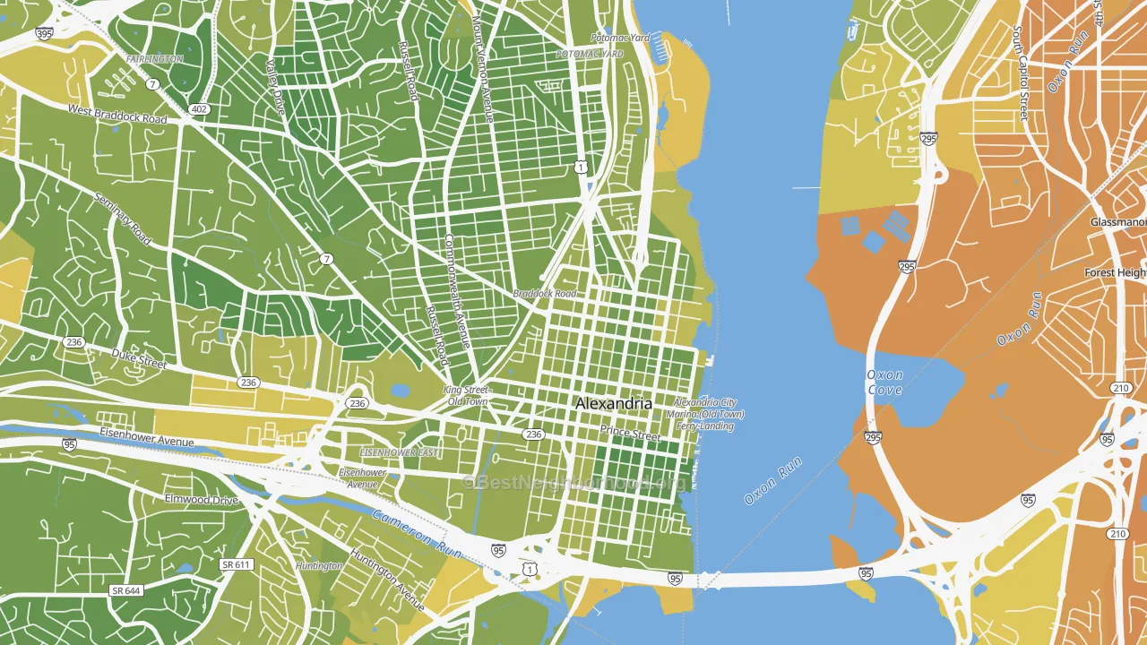 Map of the best neighborhoods in the Braddock Road Metro, Alexandria area, with better matches in green and worse matches in red