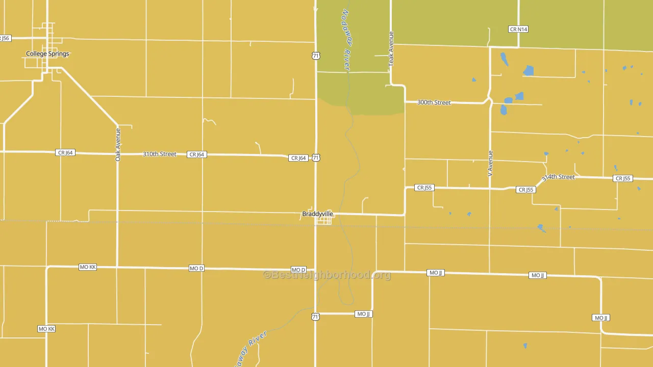 Map of the best neighborhoods in the Braddyville area, with better matches in green and worse matches in red